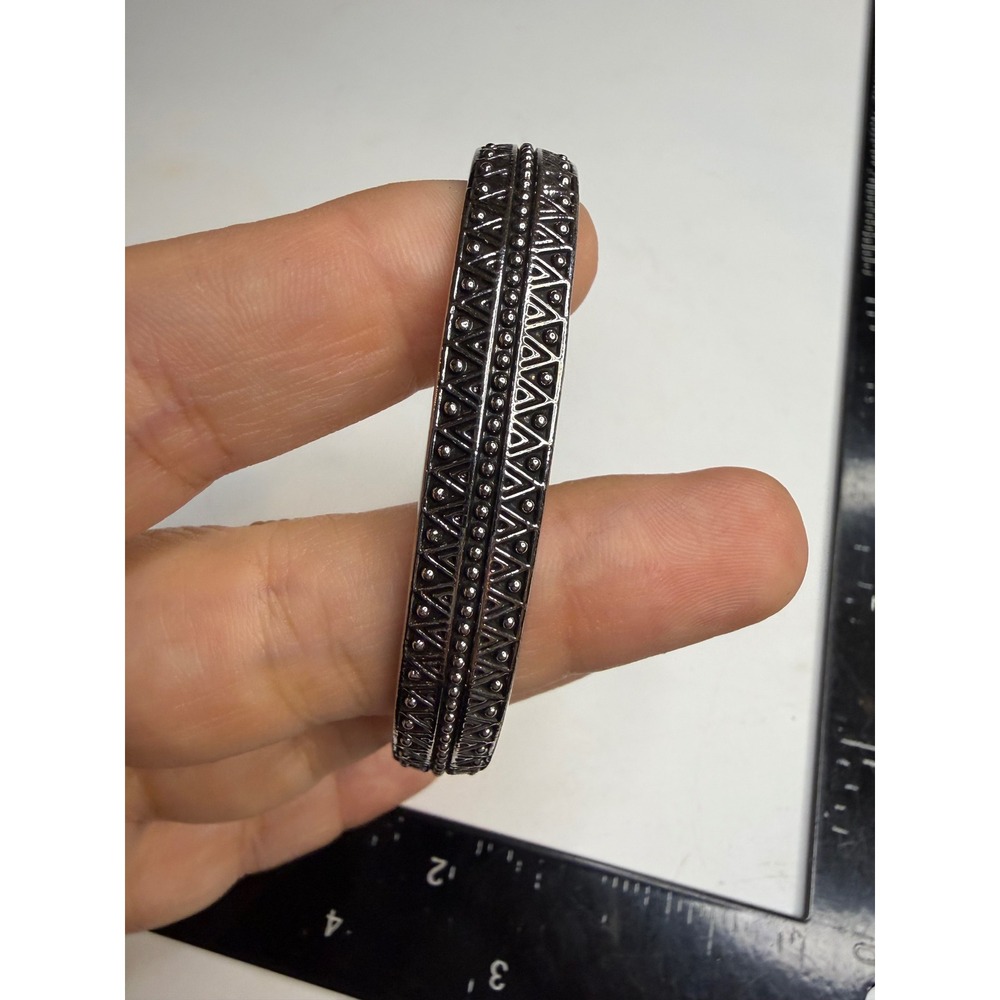 Silver Tone Geometric Beaded Cuff Bracelet Antique Finish Bohemian Open Bangle